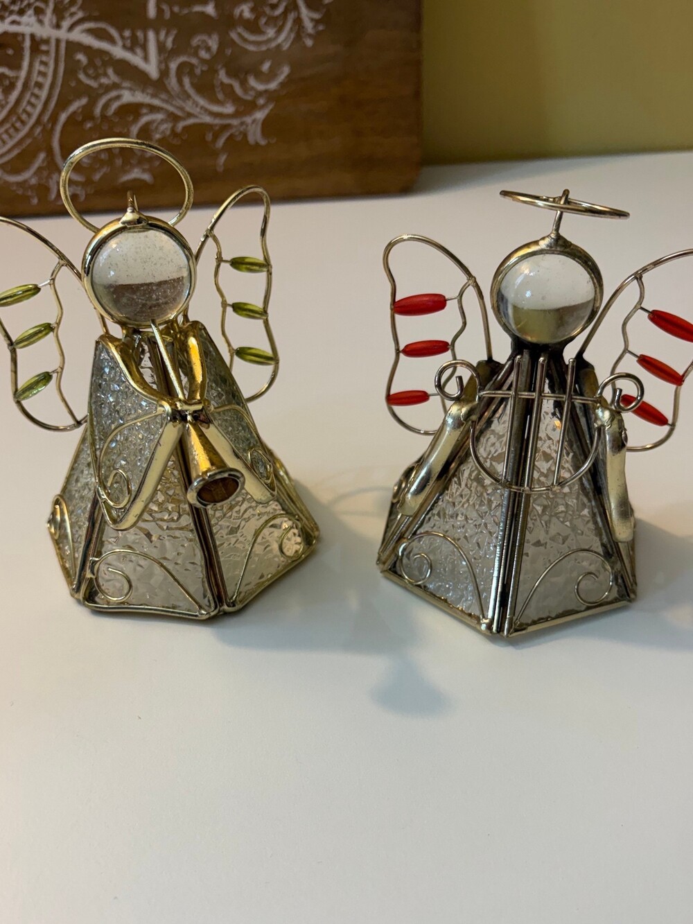Vintage Stained Glass Angel Tea Light Candle Holders Set of 2 Christmas Brass Mu